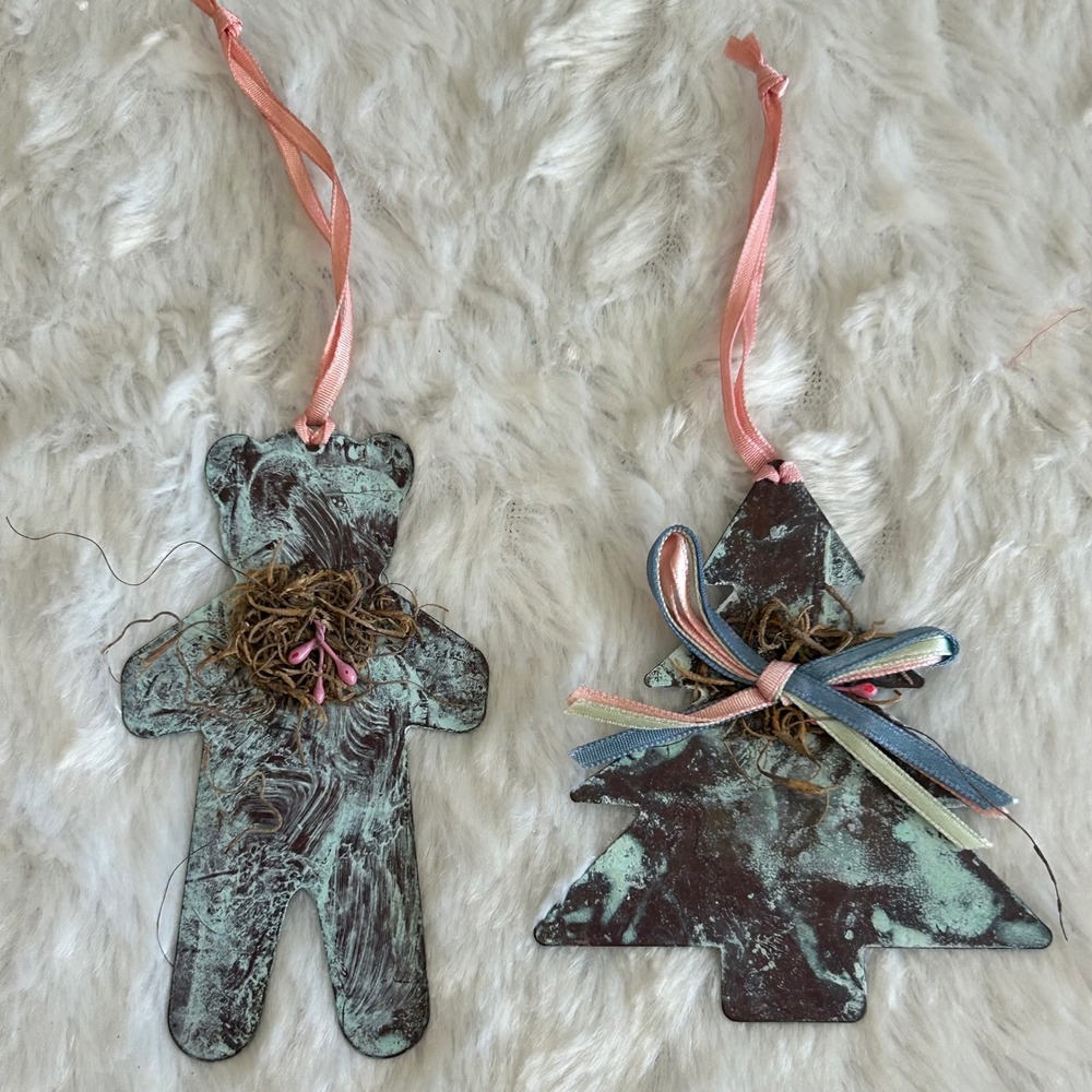 Shabby Rustic Country Christmas Tree Ornaments Metal Bear Tree Patina